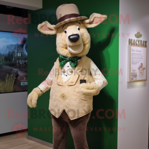 Cream Irish Elk mascot costume character dressed with a Waistcoat and Hat pins