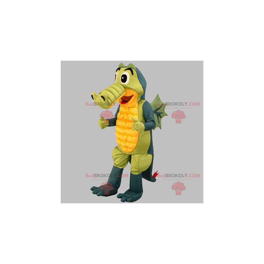Mascota de cocodrilo verde y amarillo gris. Mascota del dragón