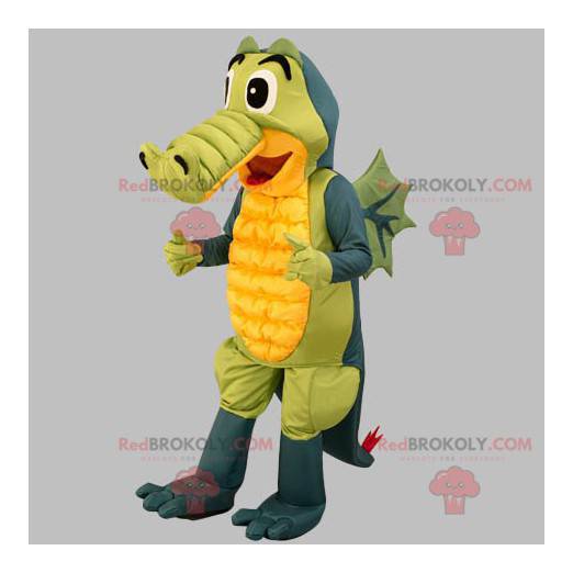Mascotte coccodrillo grigio verde e giallo. Mascotte del drago