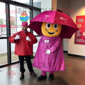 Magenta Pizza Slice mascot costume character dressed with a Raincoat and Ties