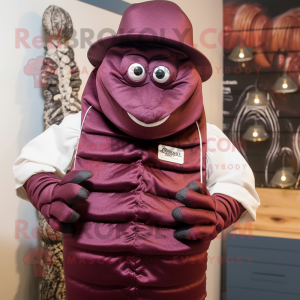 Maroon Trilobite mascot costume character dressed with a Waistcoat and Hat pins