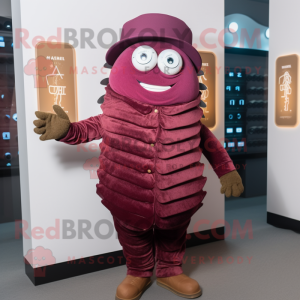 Maroon Trilobite mascot costume character dressed with a Waistcoat and Hat pins