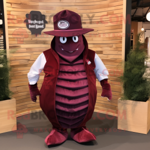 Maroon Trilobite mascot costume character dressed with a Waistcoat and Hat pins