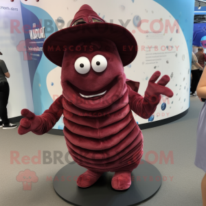 Maroon Trilobite mascot costume character dressed with a Waistcoat and Hat pins