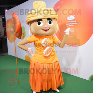 Peach Pad Thai mascot costume character dressed with a A-Line Skirt and Lapel pins