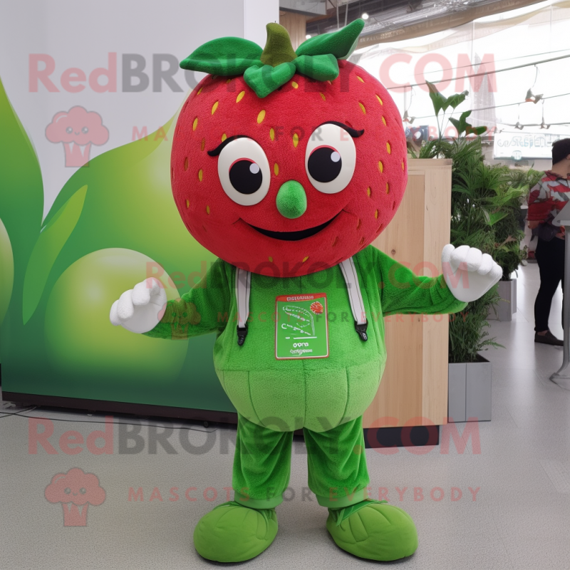 Green Strawberry mascot costume character dressed with a Dungarees and Hair clips Green Strawberry mascot costume character dressed with a Dungarees and Hair clips