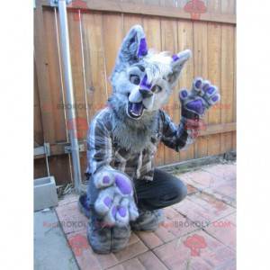 Mascotte de chien gris et violet tout poilu