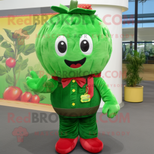 Green Strawberry mascot costume character dressed with a Dungarees and Hair clips