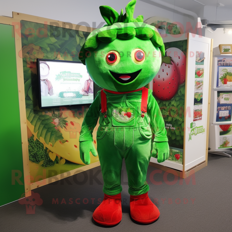 Green Strawberry mascot costume character dressed with a Dungarees and Hair clips