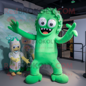 Green Kraken mascot costume character dressed with a Tank Top and Mittens