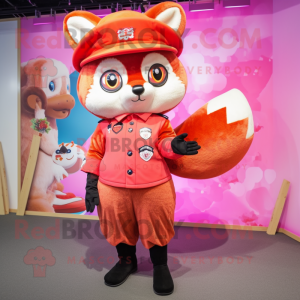 Pink Red Panda mascot costume character dressed with a Shift Dress and Berets