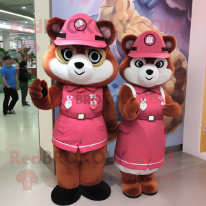 Pink Red Panda mascot costume character dressed with a Shift Dress and Berets