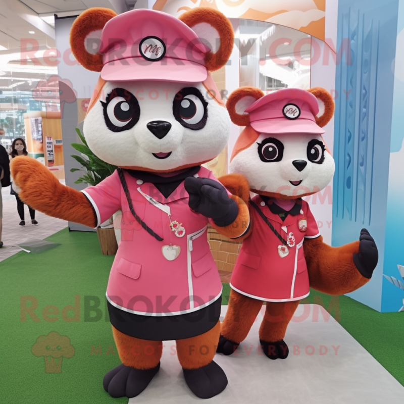 Pink Red Panda mascot costume character dressed with a Shift Dress and Berets