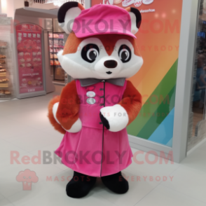 Pink Red Panda mascot costume character dressed with a Shift Dress and Berets