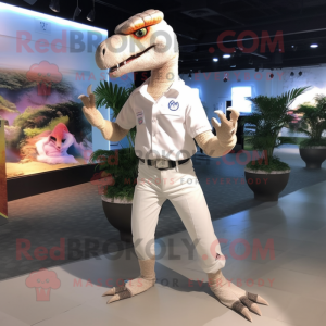 White Deinonychus mascot costume character dressed with a Polo Shirt and Gloves