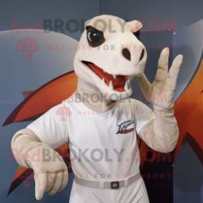 White Deinonychus mascot costume character dressed with a Polo Shirt and Gloves