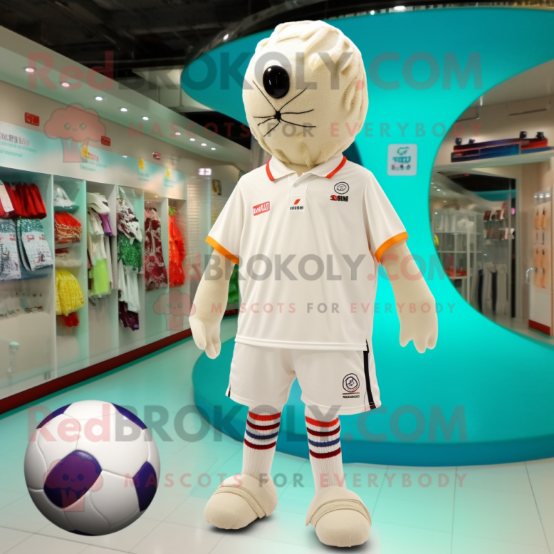 Cream Handball Ball mascot costume character dressed with a Swimwear and Headbands Cream Handball Ball mascot costume character dressed with a Swimwear and Headbands