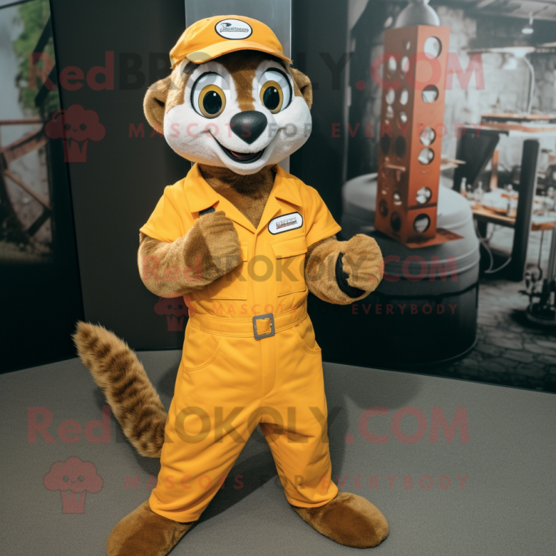 Rust Meerkat mascot costume character dressed with a Overalls and Bracelet watches Rust Meerkat mascot costume character dressed with a Overalls and Bracelet watches