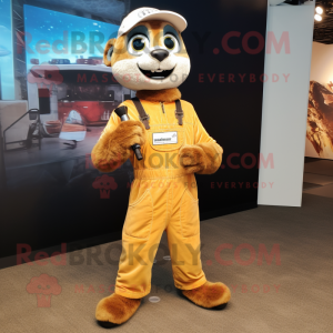 Rust Meerkat mascot costume character dressed with a Overalls and Bracelet watches