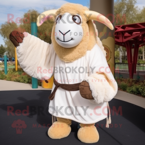 Cream Ram mascot costume character dressed with a Corduroy Pants and Shawls