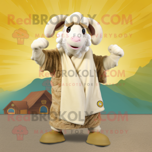 Cream Ram mascot costume character dressed with a Corduroy Pants and Shawls