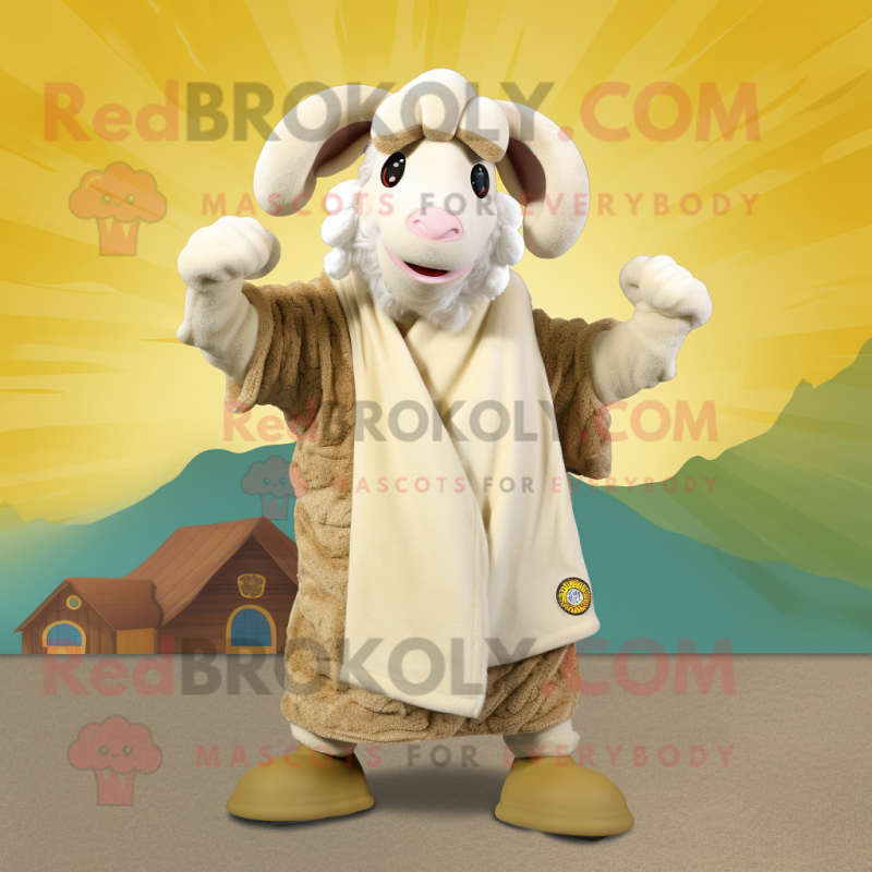 Cream Ram mascot costume character dressed with a Corduroy Pants and Shawls Cream Ram mascot costume character dressed with a Corduroy Pants and Shawls