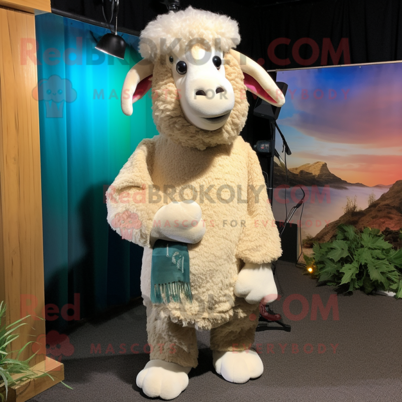 Cream Ram mascot costume character dressed with a Corduroy Pants and Shawls Cream Ram mascot costume character dressed with a Corduroy Pants and Shawls