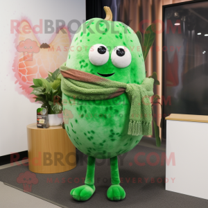 Forest Green Melon mascot costume character dressed with a Sweater and Scarves