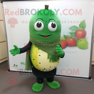 Forest Green Melon mascot costume character dressed with a Sweater and Scarves