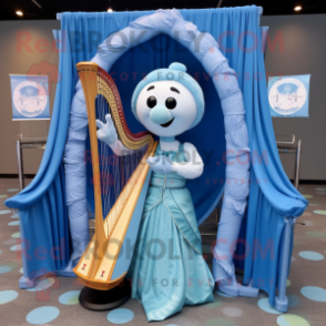 Sky Blue Celtic Harp mascot costume character dressed with a Ball Gown and Pocket squares