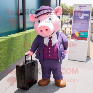 Purple Pig mascot costume character dressed with a Blouse and Briefcases