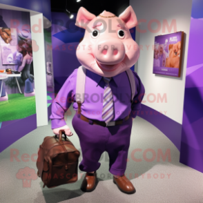 Purple Pig mascot costume character dressed with a Blouse and Briefcases