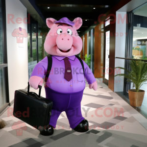Purple Pig mascot costume character dressed with a Blouse and Briefcases