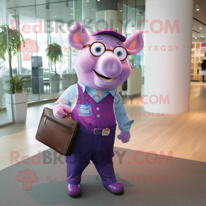 Purple Pig mascot costume character dressed with a Blouse and Briefcases