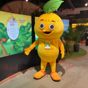 Yellow Mango mascot costume character dressed with a Romper and Cummerbunds