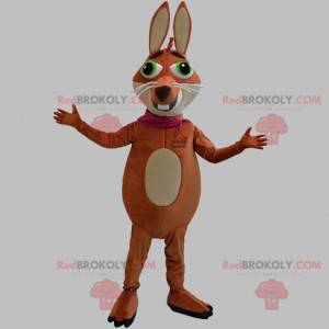 Mascotte de renard marron et beige avec les yeux verts -