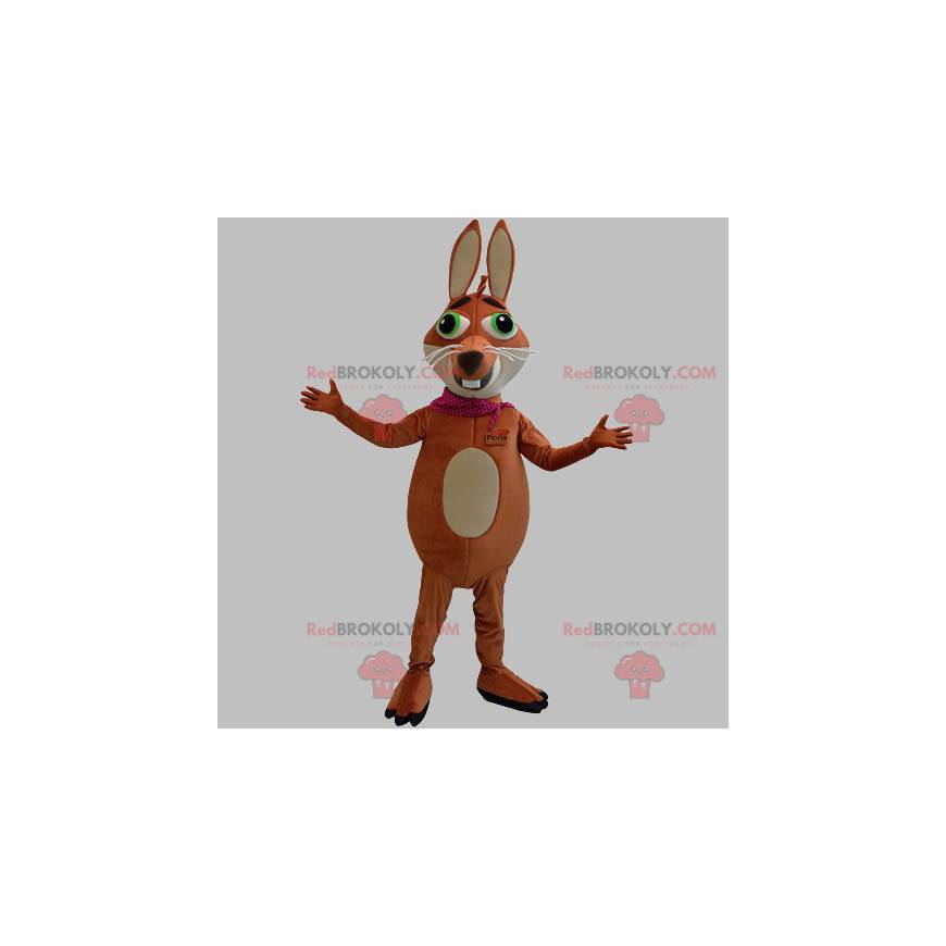 Mascotte de renard marron et beige avec les yeux verts -