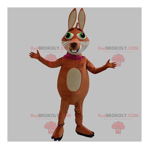 Mascotte de renard marron et beige avec les yeux verts -