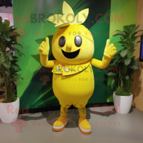 Yellow Mango mascot costume character dressed with a Romper and Cummerbunds