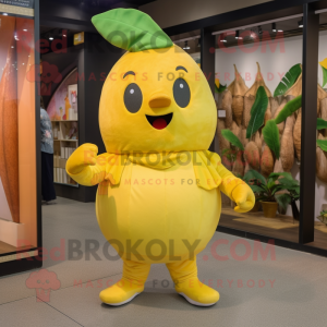 Yellow Mango mascot costume character dressed with a Romper and Cummerbunds