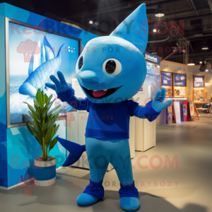 Blue Swordfish mascot costume character dressed with a Playsuit and Mittens