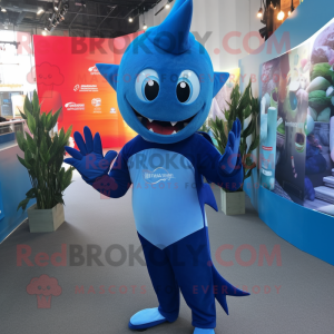 Blue Swordfish mascot costume character dressed with a Playsuit and Mittens