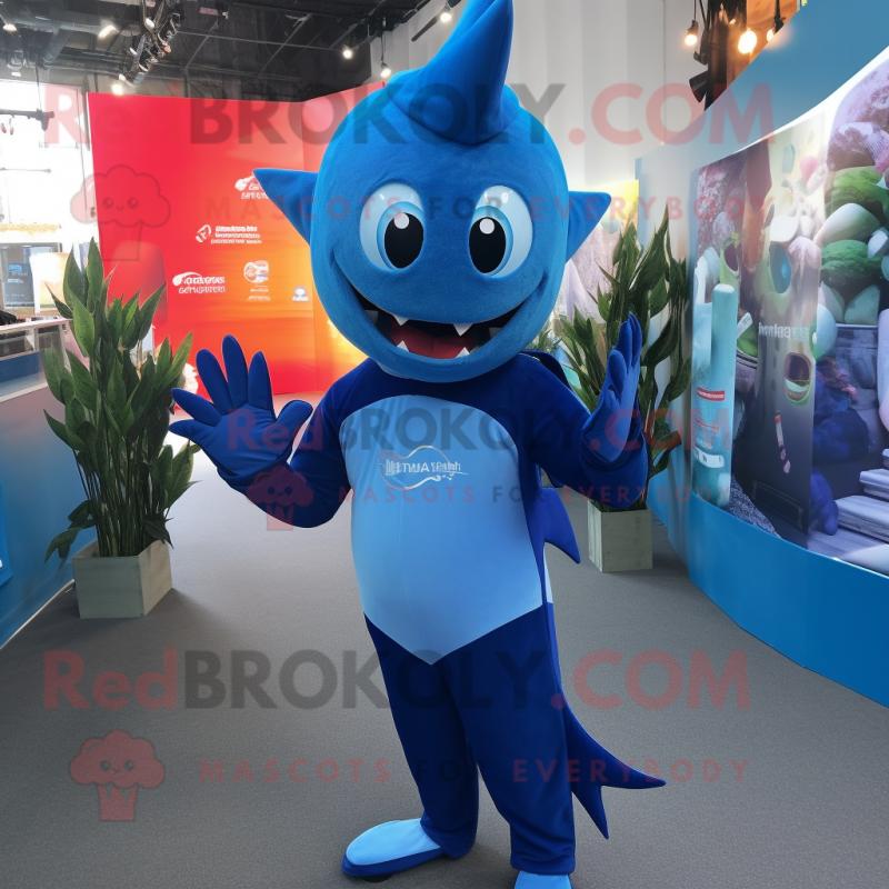 Blue Swordfish mascot costume character dressed with a Playsuit and Mittens Blue Swordfish mascot costume character dressed with a Playsuit and Mittens