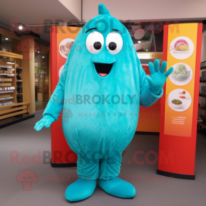 Turquoise Shakshuka mascot costume character dressed with a Jeggings and Gloves