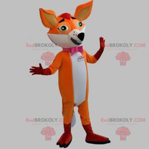 Mascote raposa laranja e branca com gravata borboleta -