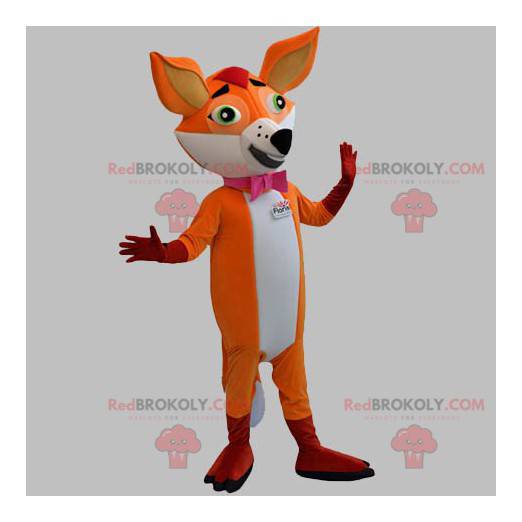 Mascotte de renard orange et blanc avec un nœud papillon -