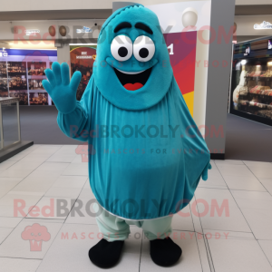 Turquoise Shakshuka mascot costume character dressed with a Jeggings and Gloves