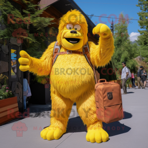 Yellow Sasquatch mascot costume character dressed with a Romper and Handbags