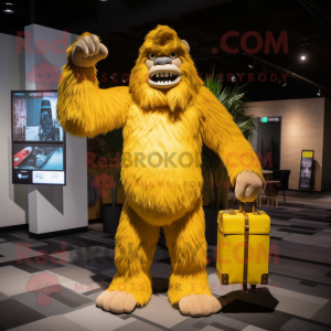 Yellow Sasquatch mascot costume character dressed with a Romper and Handbags