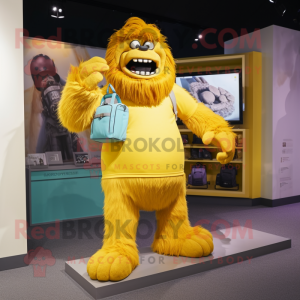 Yellow Sasquatch mascot costume character dressed with a Romper and Handbags